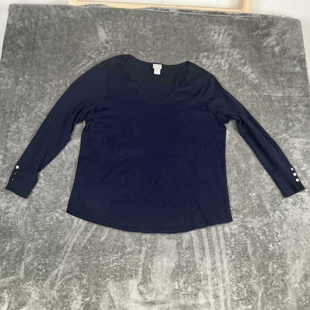 Chico's women's Size 2 Pullover Sweater LS V Neck Classic Navy button sleeves
